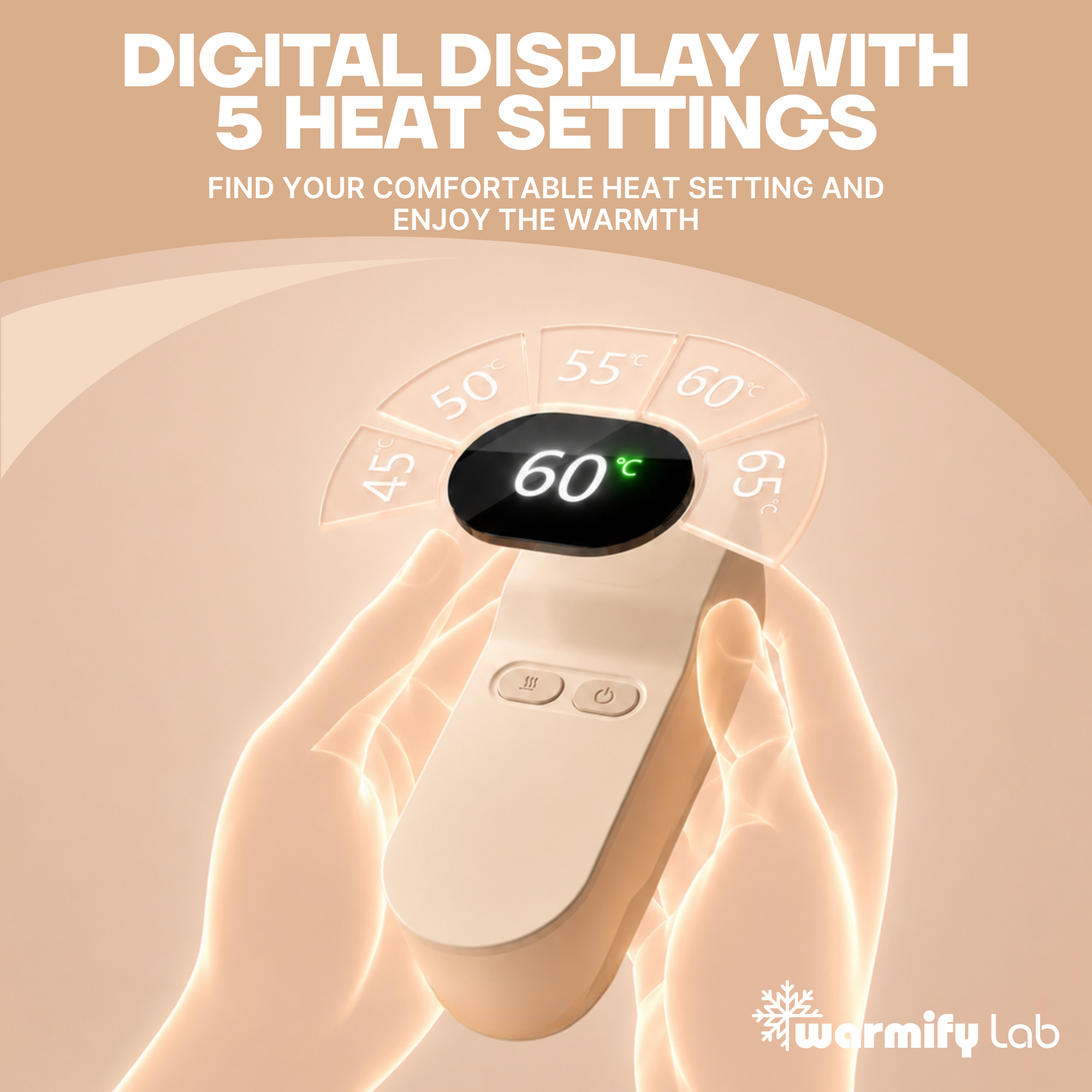 Hand Warmers showing 5 heat level controls by Warmify Lab 