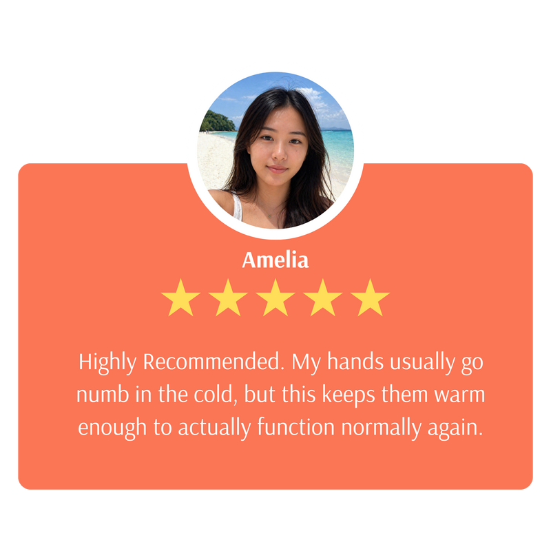 Product review card with a photo of a woman, five stars for a warmify lab hand warmer, and a customer comment on an orange background. Highly Recommended. My hands usually go numb in the cold, but this keeps them warm enough to actually function normally again.