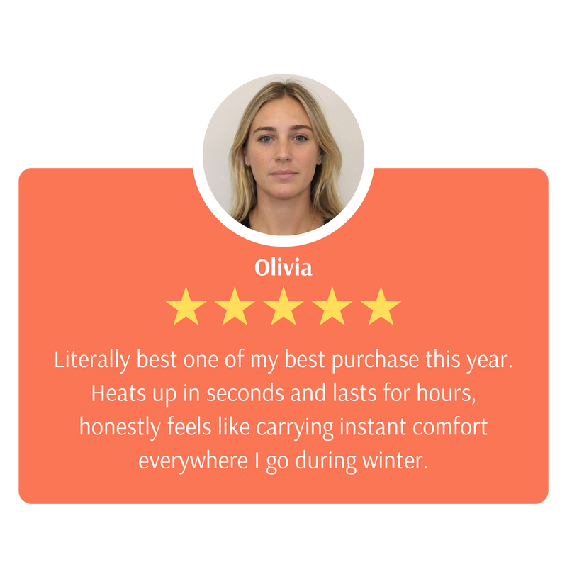 Five-star review for the warmify lab hand warmer from Olivia with a photo of a woman on an orange background. Literally best one of my best purchase this year. Heats up in seconds and lasts for hours, honestly feels like carrying instant comfort everywhere I go during winter.