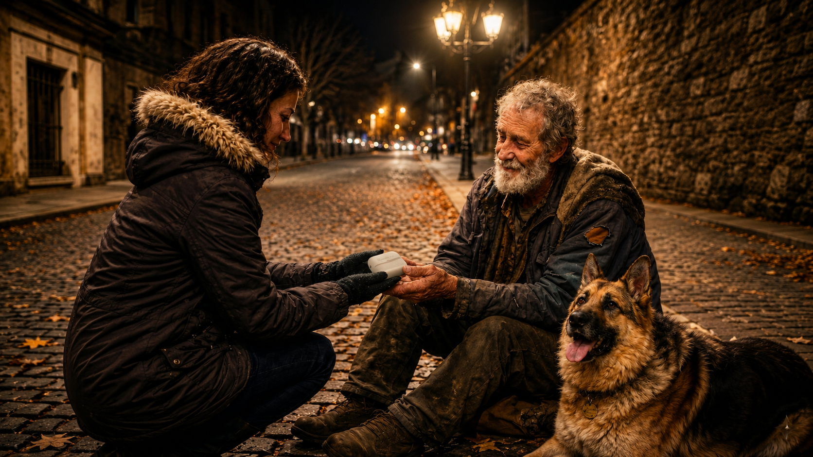 Person donating a warmify lab hand warmer with an elderly man on a street at night, with a dog nearby.