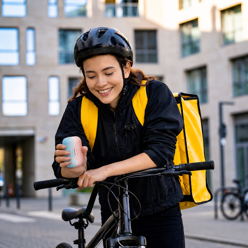 Cyclist keeping hands warm with a Warmify Lab rechargeable hand warmers